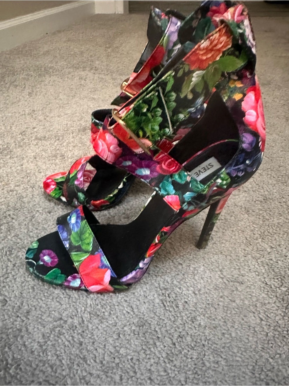 Steve Madden Floral Ankle-Strap Heels - Black with Red, Green, Blue Accents - Picture 5 of 10